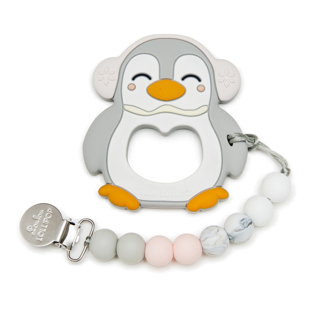 Gray Penguin Silicone Teether w/ Clip